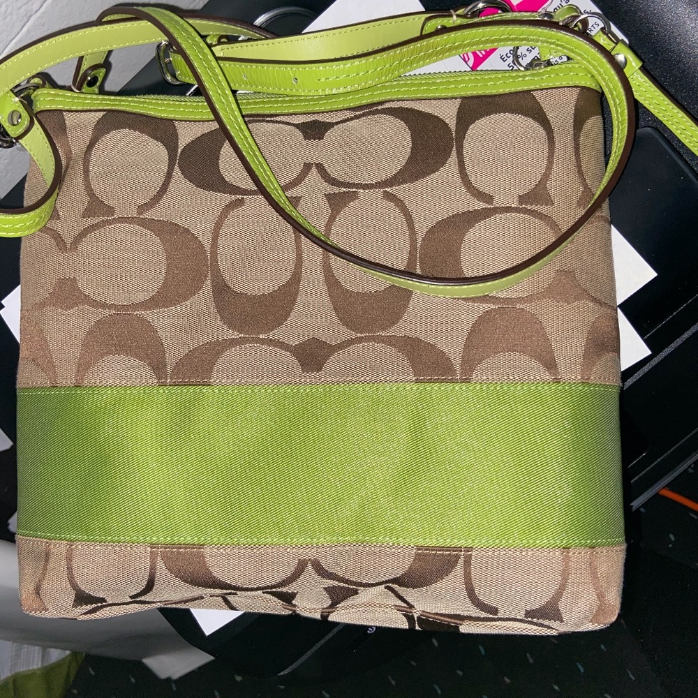 Tan and Lime Green Coach Purse